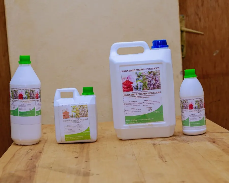 HINGA WEZE organic pesticide in four container sizes on a table